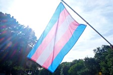 Image of the Transgender Pride Flag, with five horizontal stripes which are, in order, blue, pink, white, pink, and blue, flying in front of a bright sky.